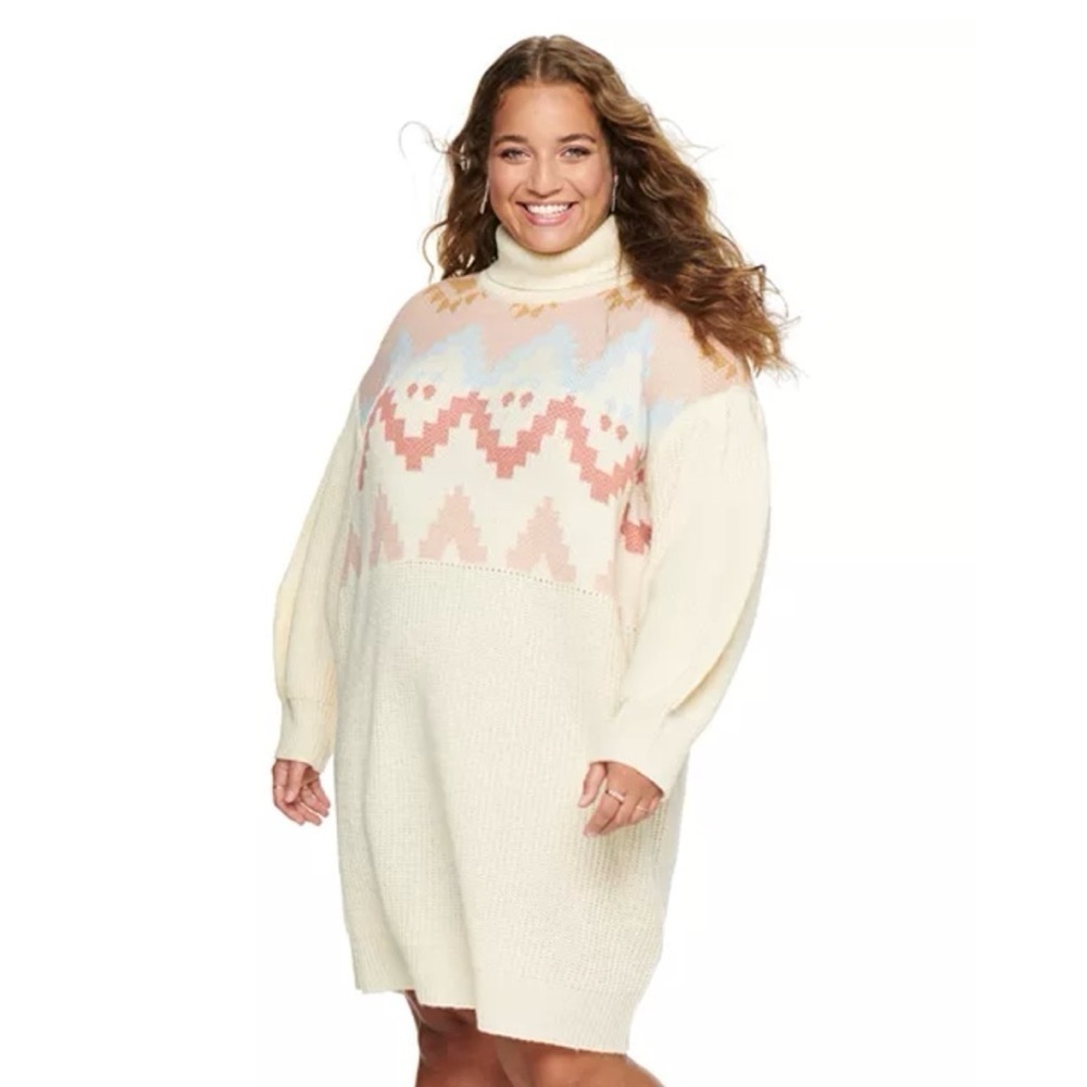 Kohl's SO Oversized Turtleneck Sweater Dress cream pink juniors XL cozy winter